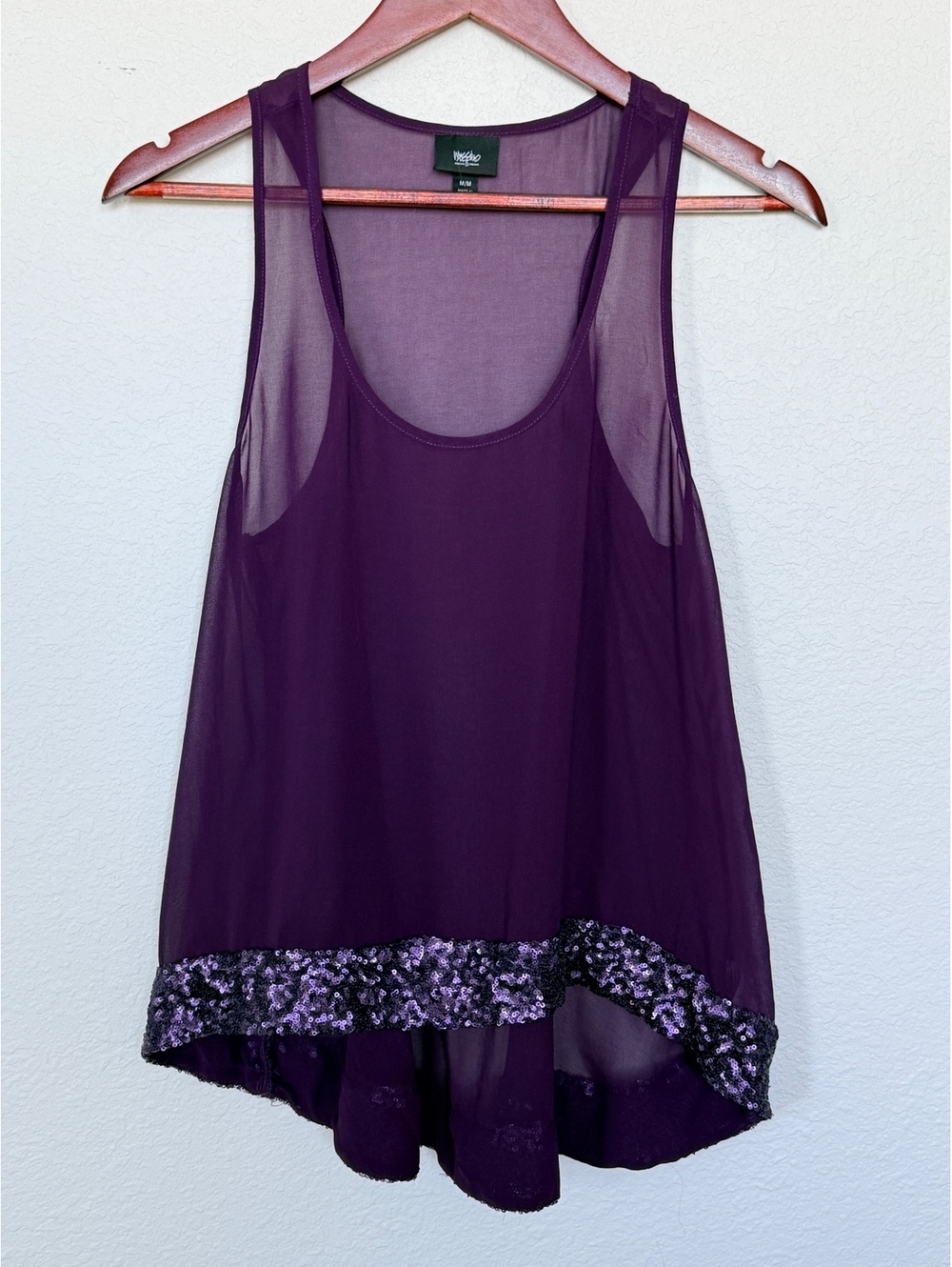 Wet Seal Purple Sheer Chiffon Racerback Tank Top Sequin Hem Women’s Medium